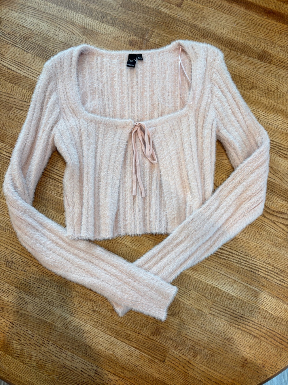 Windsor Blush Ribbed Cropped Sweater with Tie Neck